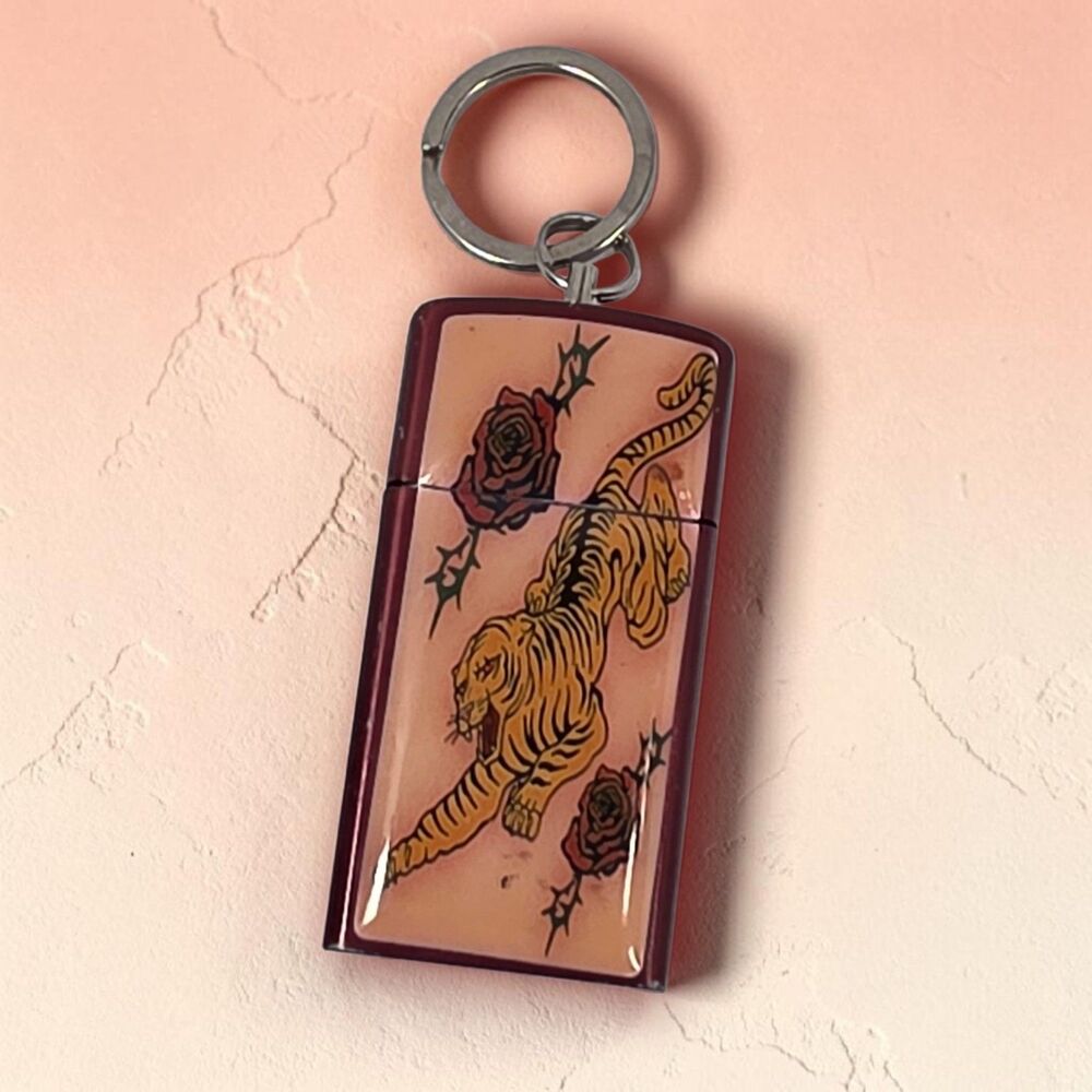 Vintage Tiger Rose Tattoo Flash Keychain Hidden Stash Box Lighter Lookalike Y2K